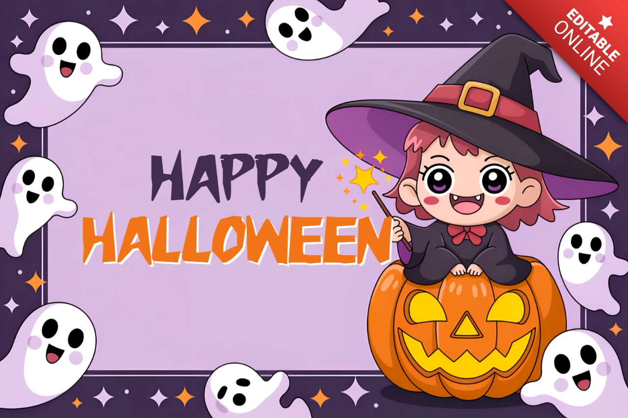 Fröhliches Halloween-Designvorlage mit süßer Hexe und Geistern für Kindergeburtstagseinladungen
