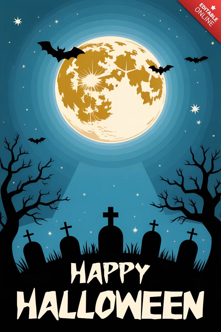 Template de design de Halloween assustador com lua e cemitério para panfletos