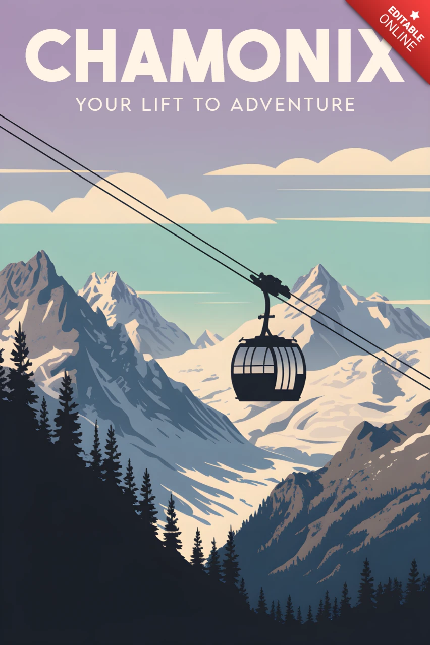 Chamonix Abenteuer-Designvorlage mit Bergseilbahn für Reiseposter