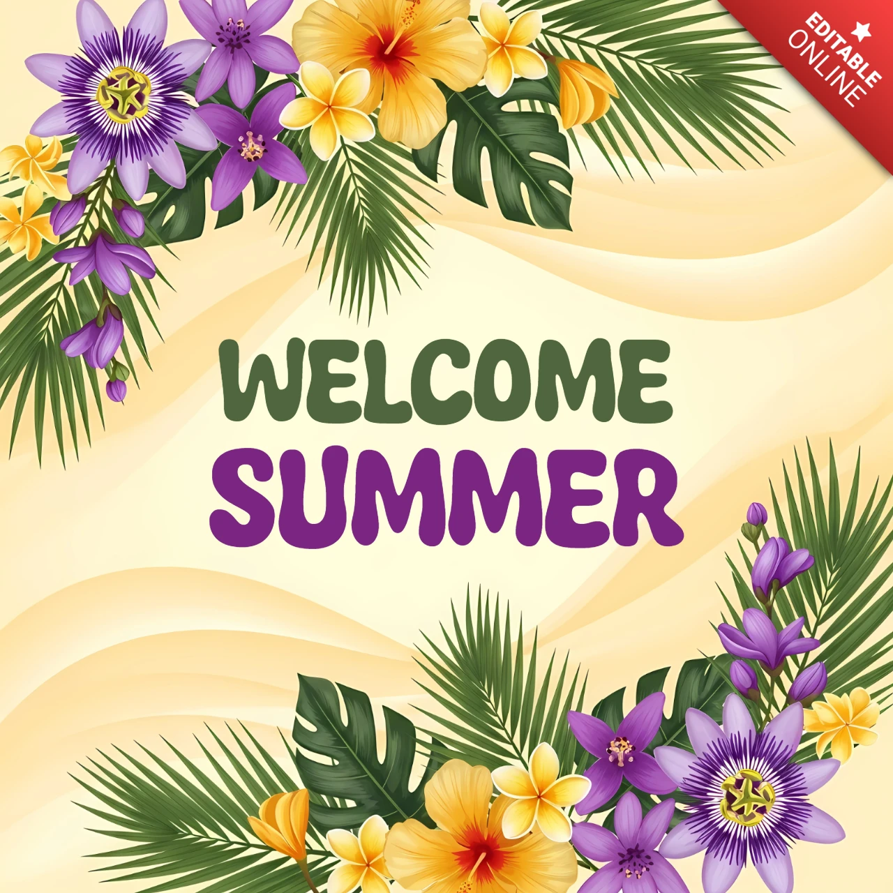 Welcome Summer Greeting Card Template with Tropical Flowers and Palm Leaves