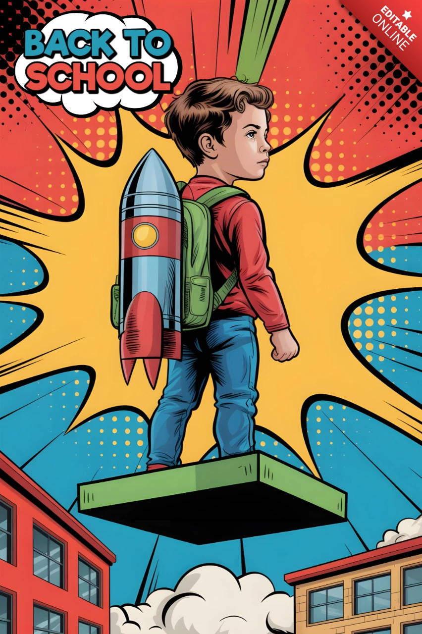 Zurück zur Schule Raketenrucksack Schüler auf schwebender Plattform mit Comic-Explosion Poster-Design-Vorlage