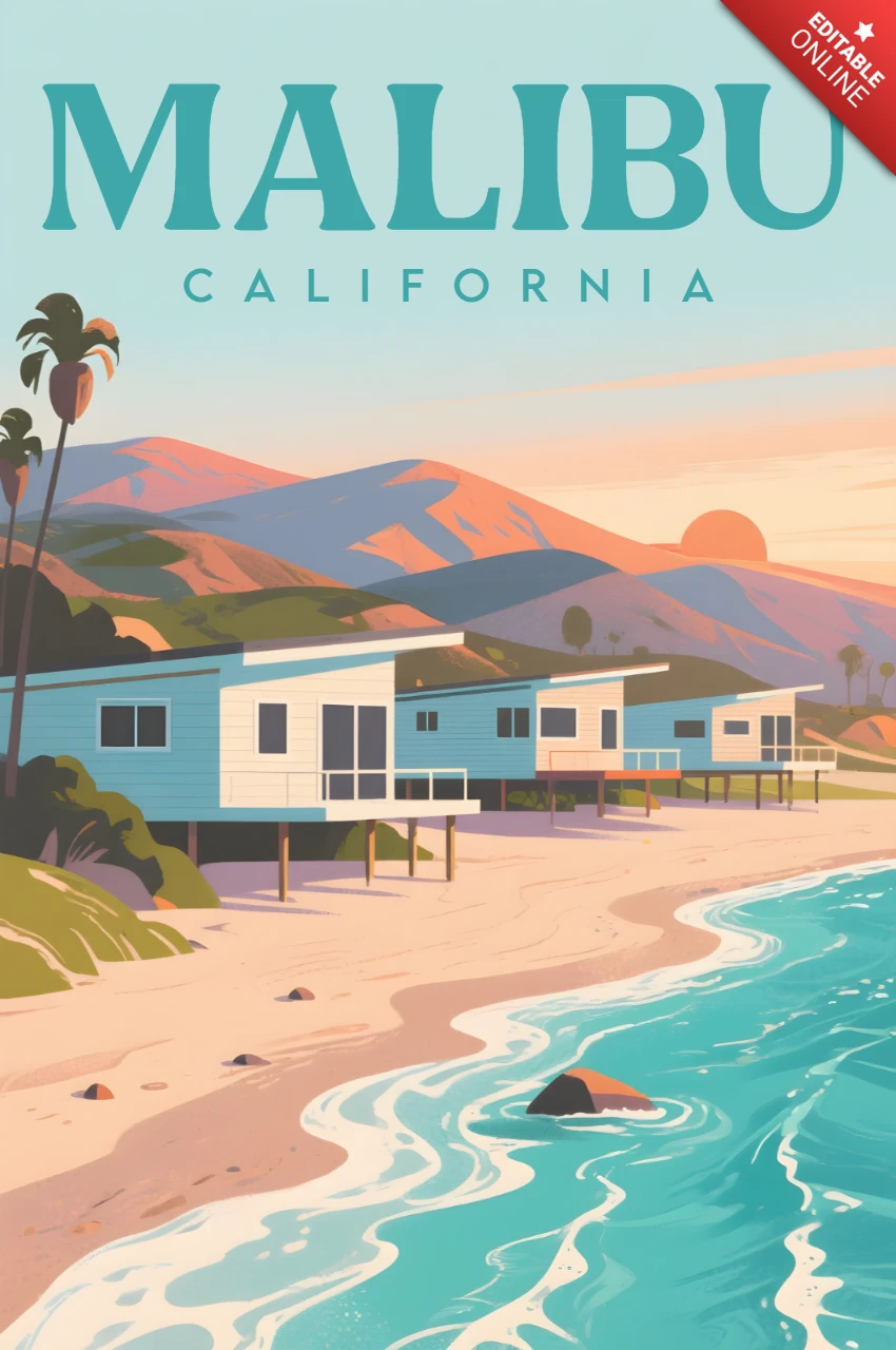 Malibu California Vintage Design for Printable Travel Poster Template