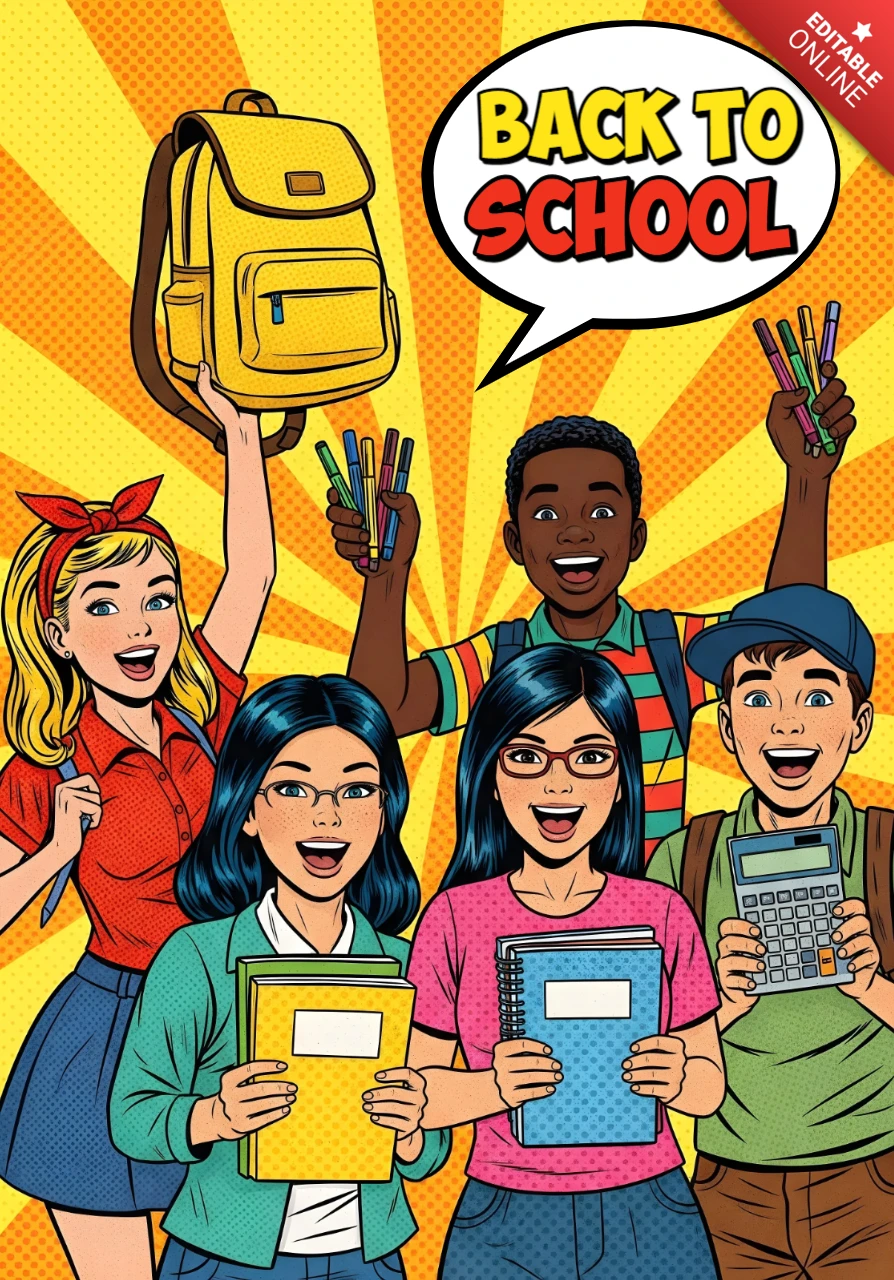 Zurück zur Schule Gruppe von Schülern, die Schulmaterialien halten, mit Comic-Explosion-Hintergrund Plakatdesign-Vorlage