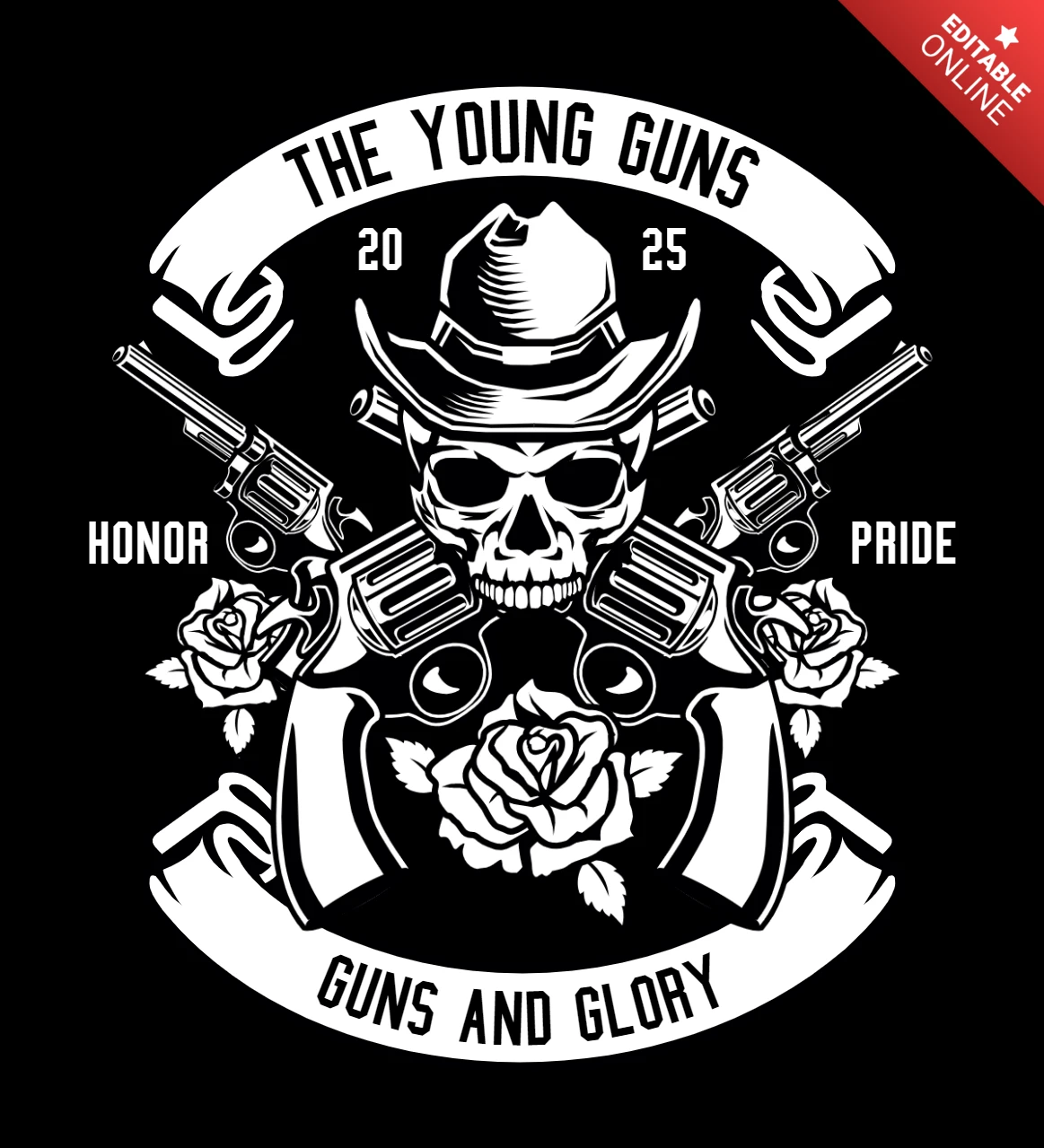Plantilla de diseño de camiseta con calavera de Young Guns
