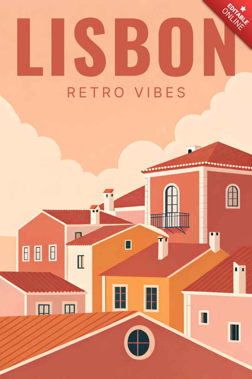 Old Pink Retro Flat Design Featuring Lisbon Cityscape for Posters Prints