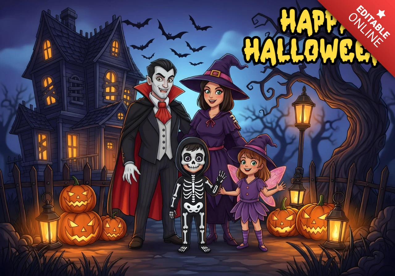 Trick-or-treaters de desenho animado em floresta assombrada com lanternas brilhantes, modelo de design de festa de Halloween assustadora para panfletos festivos.