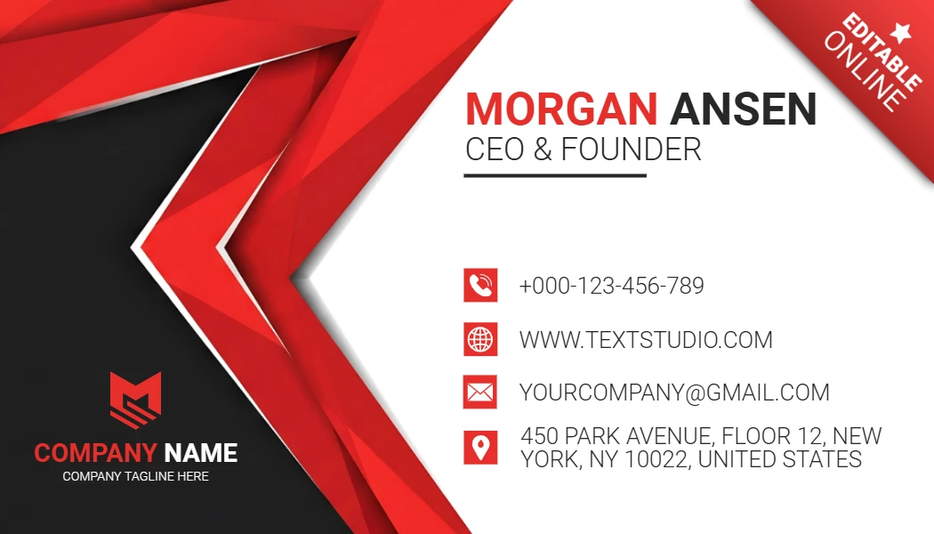 Modern Arrow Motif Business Card Template Red & Black Layout with Layered Geometry Design