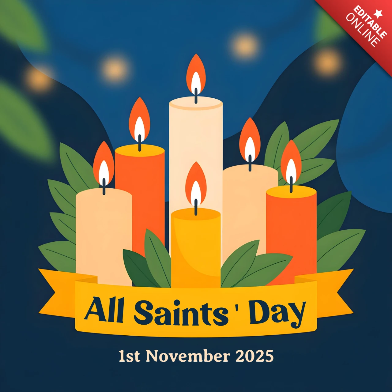 All Saints’ Day Spiritual with Glowing Candles & Blue Background Greeting Card Design Template