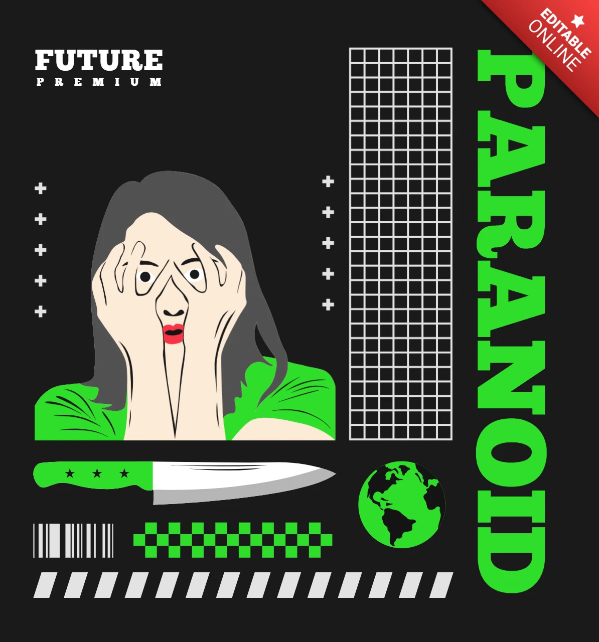 Template di design grafico paranoico per abbigliamento con illustrazione audace e stile audace