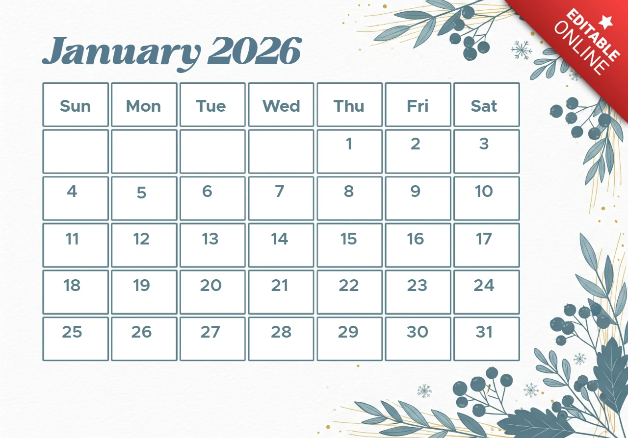 Minimalist bitkisel takvim ocak 2026 donmuş mavi-yeşil tasarım