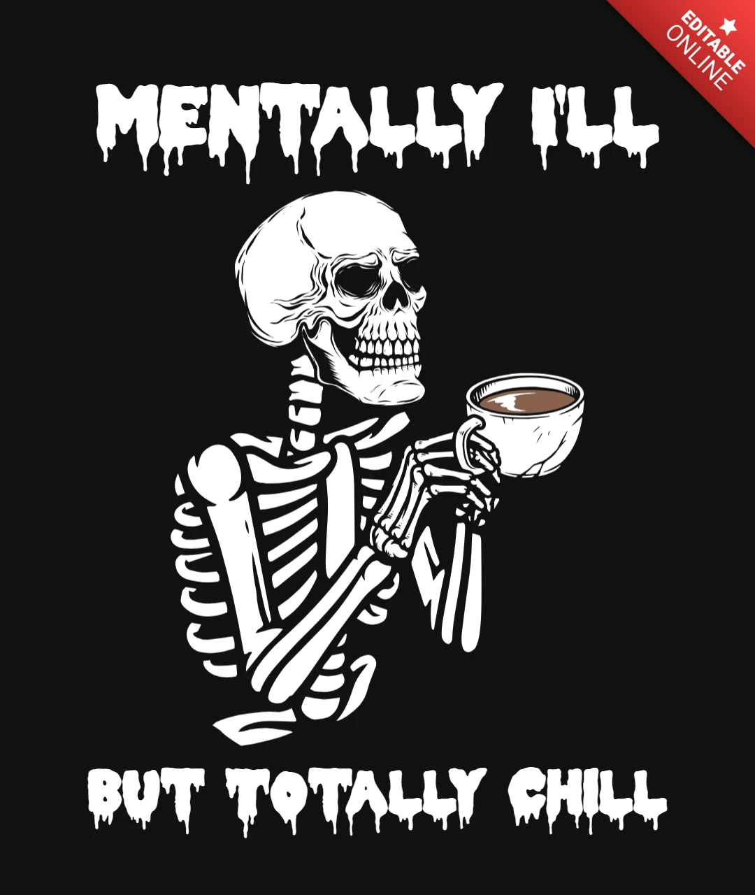 Modelo de design de camiseta de halloween com esqueleto bebendo café