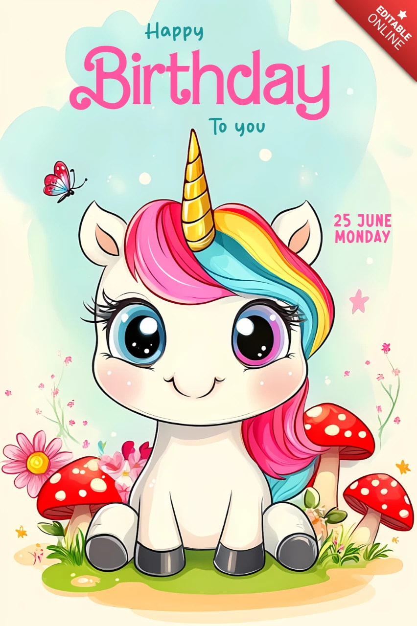 Plantilla editable de diseño de tarjeta de cumpleaños de unicornio para niños
