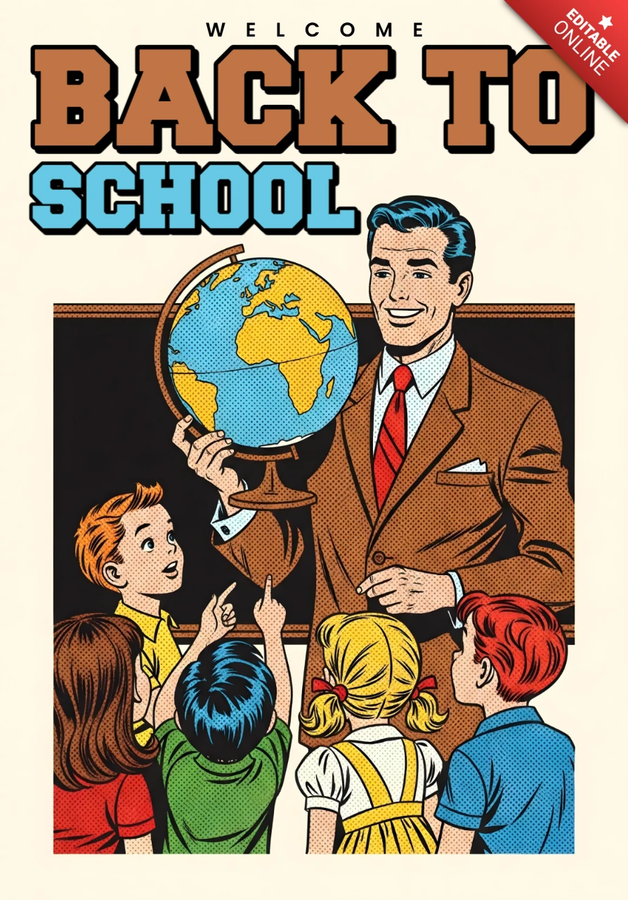 Bienvenido de nuevo a la escuela, escena de aula vintage con maestra, globo y estudiantes comprometidos, plantilla de diseño de cartel.