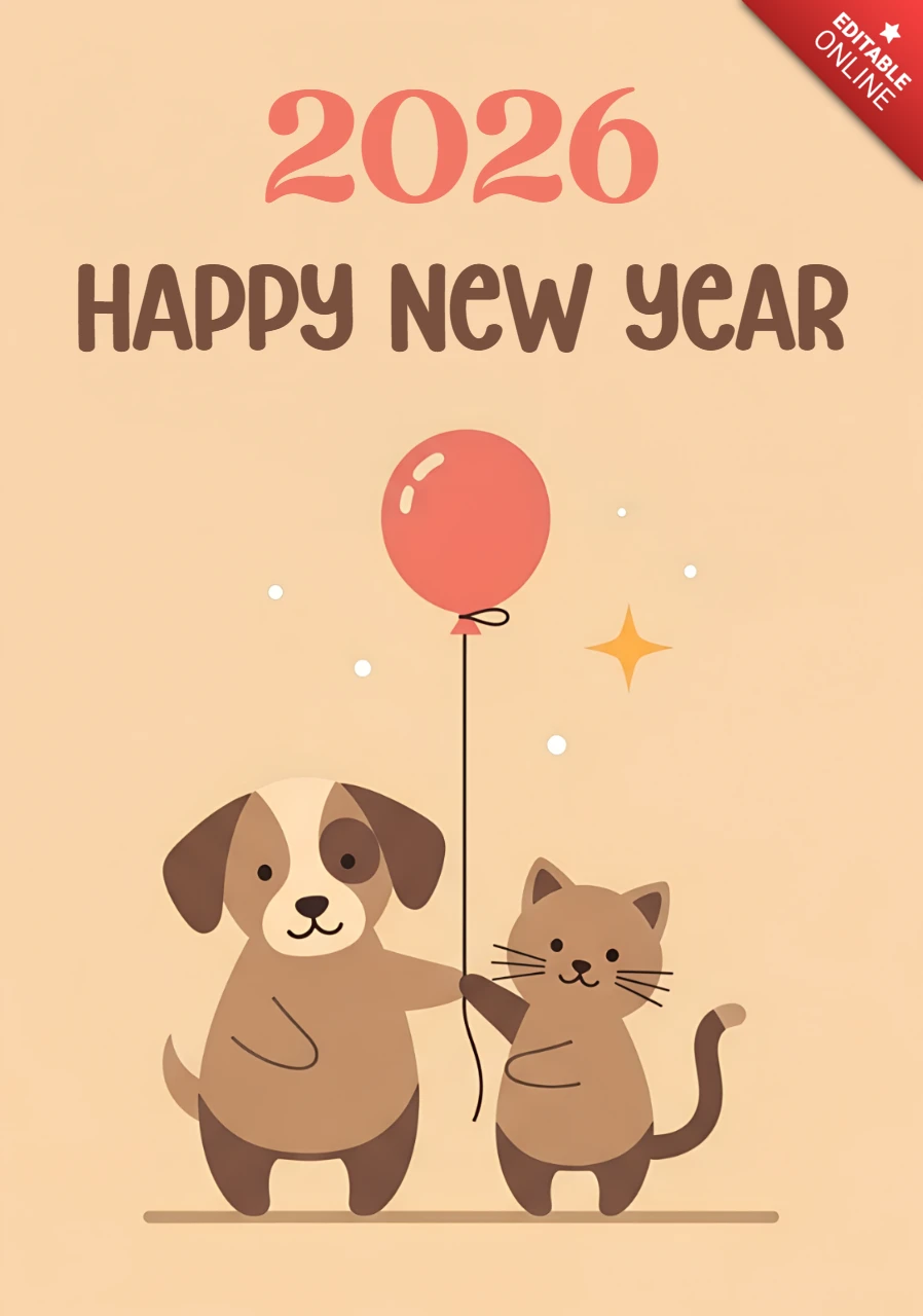 Sevimli bir köpek ve kedinin balon tutarak yeni yıl tasarımı şablonu, tebrik kartları için.