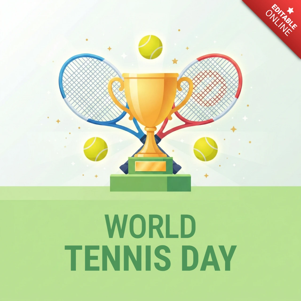Wereldtennisdag 2026 poster met trofee, rackets en sportvieringsthema