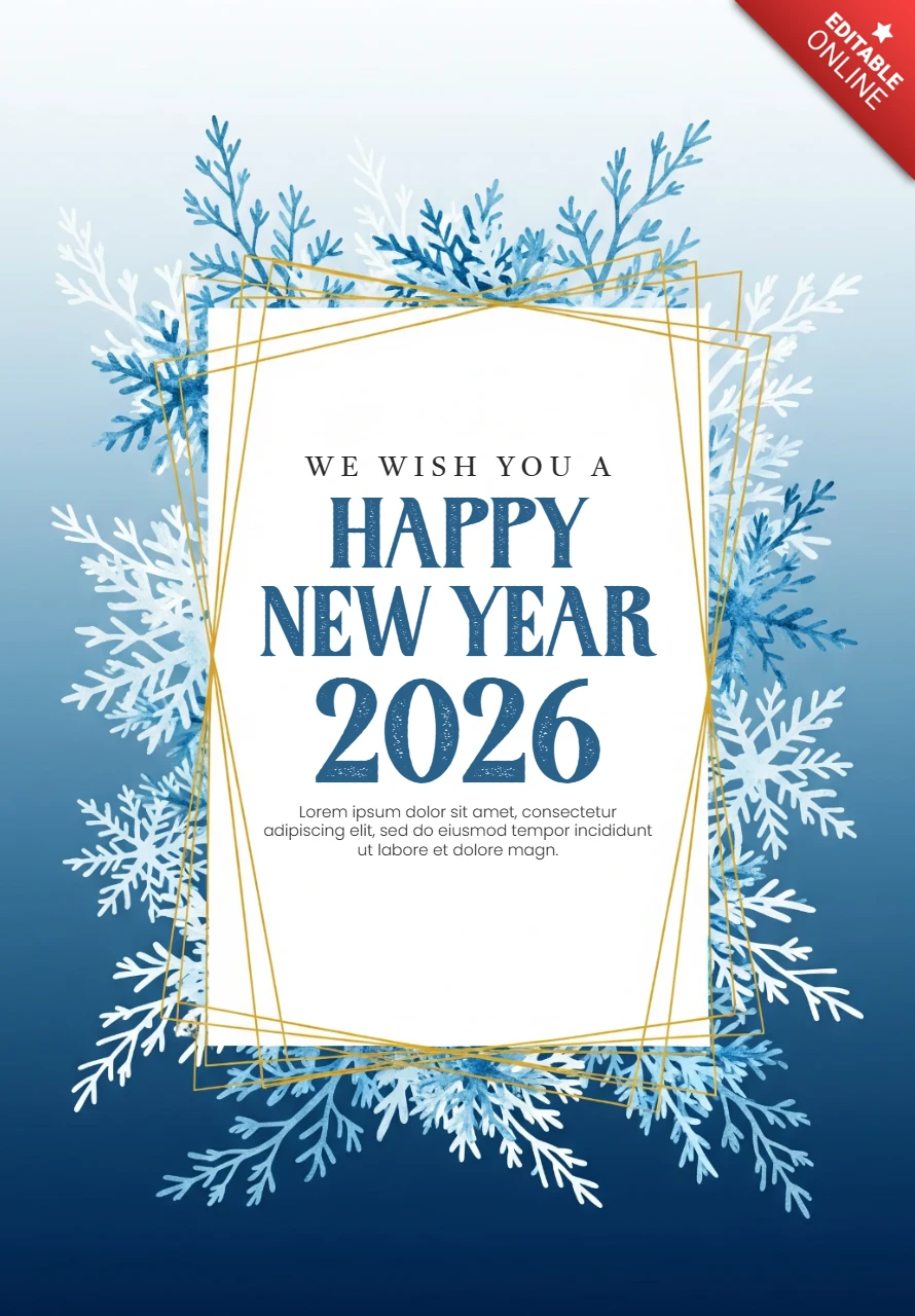 Watercolor Happy New Year 2026 Card Blue Snowflakes with Gold Geometric Frame and Winter Gradient