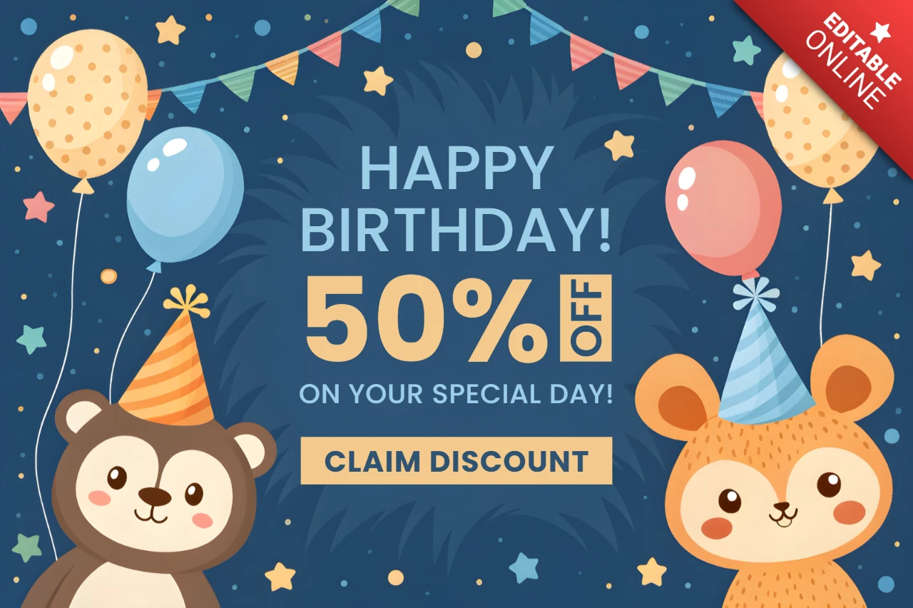 Whimsical Birthday Celebration Template Design with Cute Animals and Festive Balloons
