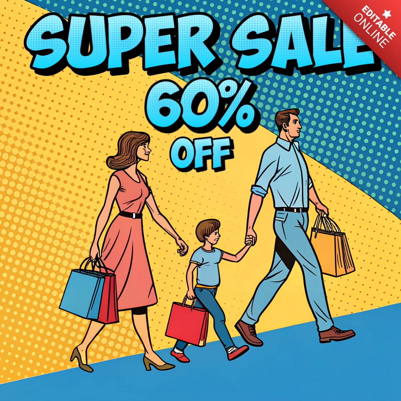 Pop-Art-Verkaufsvorlage für Werbeflyer mit Familienshopping-Szene