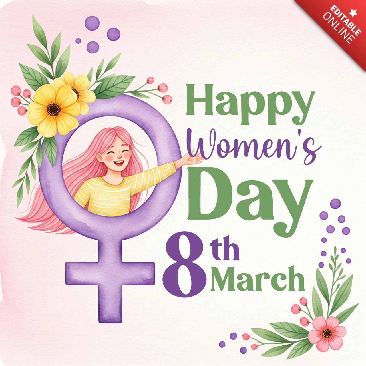 Modelo de cartaz do Dia Internacional da Mulher com símbolo de Vênus, flores e fundo decorativo em tons pastéis.