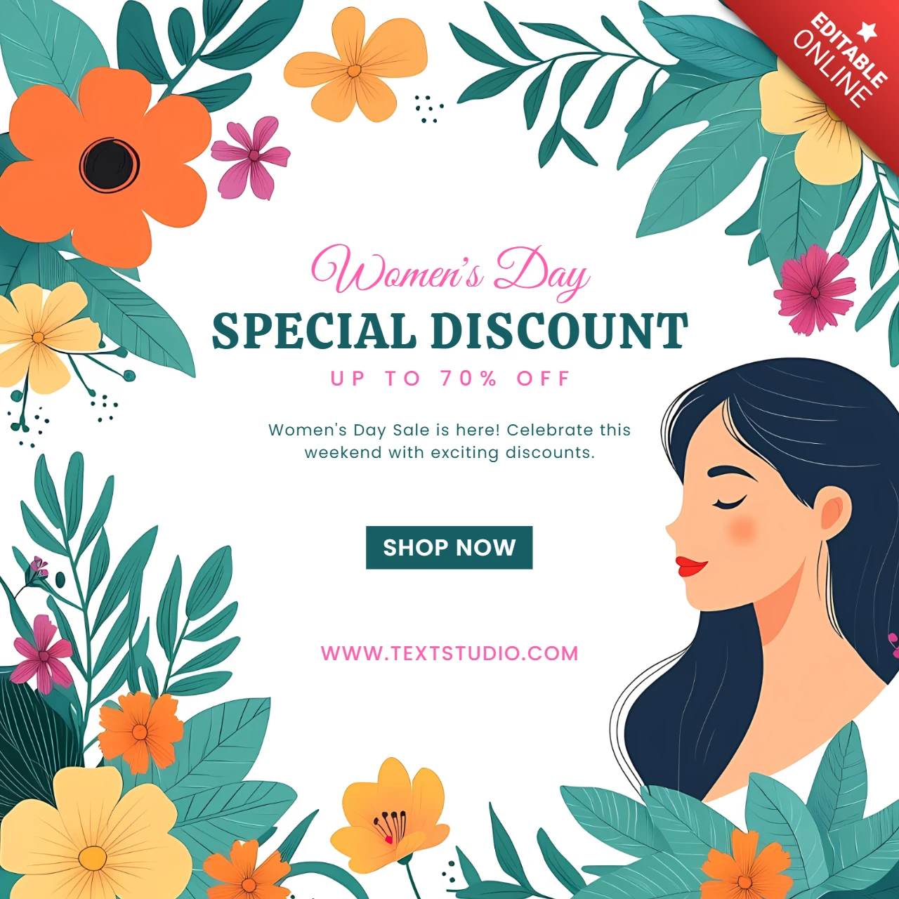 Modelo de marketing de mídia social para o Dia da Mulher com design floral plano retrô