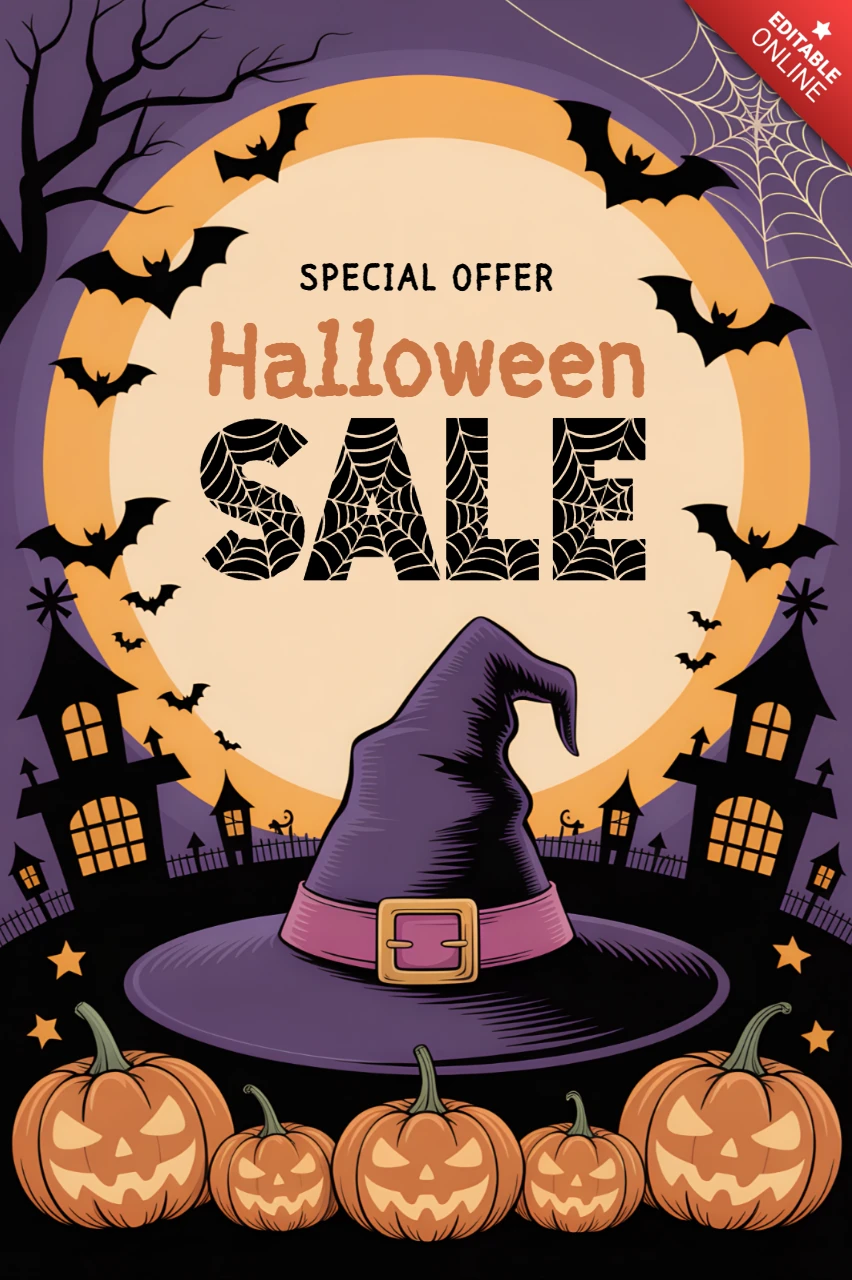 Modelo de design de venda de Halloween com chapéu de bruxa e abóboras para folhetos promocionais