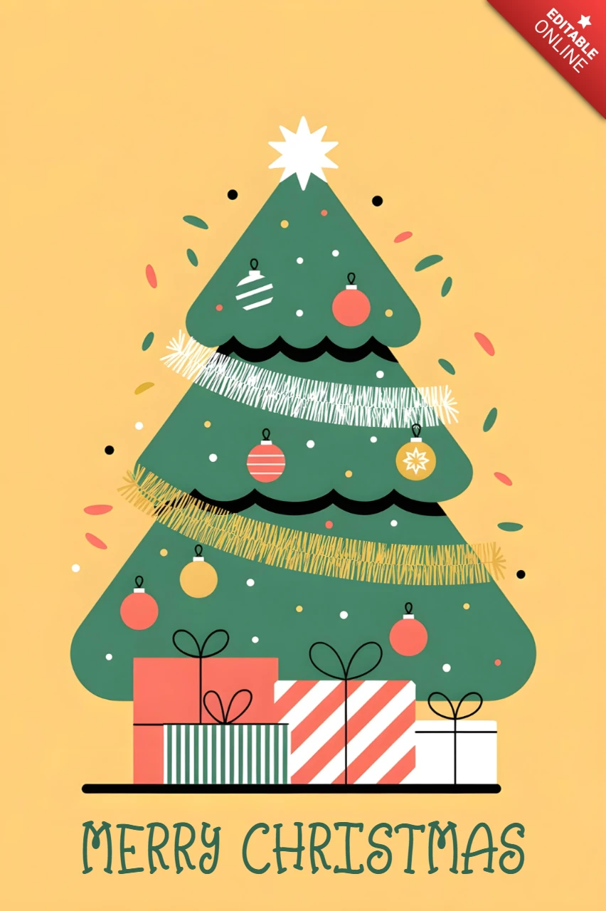 Cartão de Natal com árvore decorada com enfeites e presentes embrulhados em fundo amarelo quente