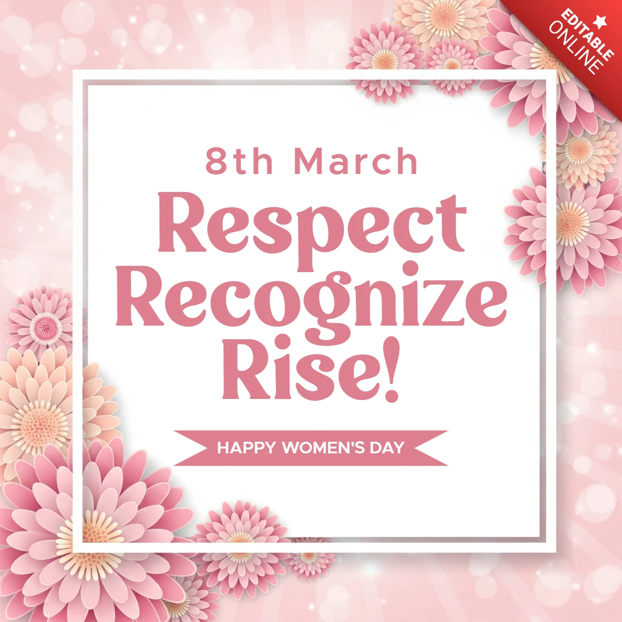 Template de cartaz do dia internacional da mulher com flores, fundo rosa e tema de empoderamento.