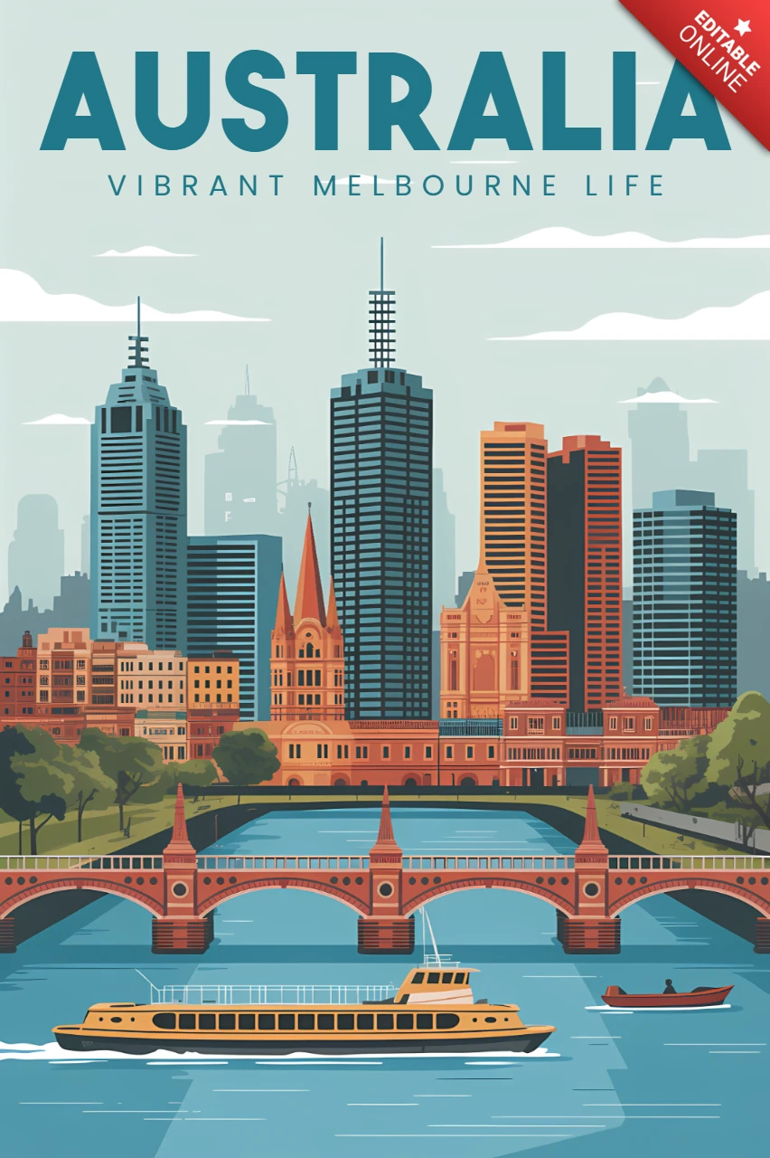 Plantilla de diseño del paisaje urbano de Melbourne para carteles de viaje