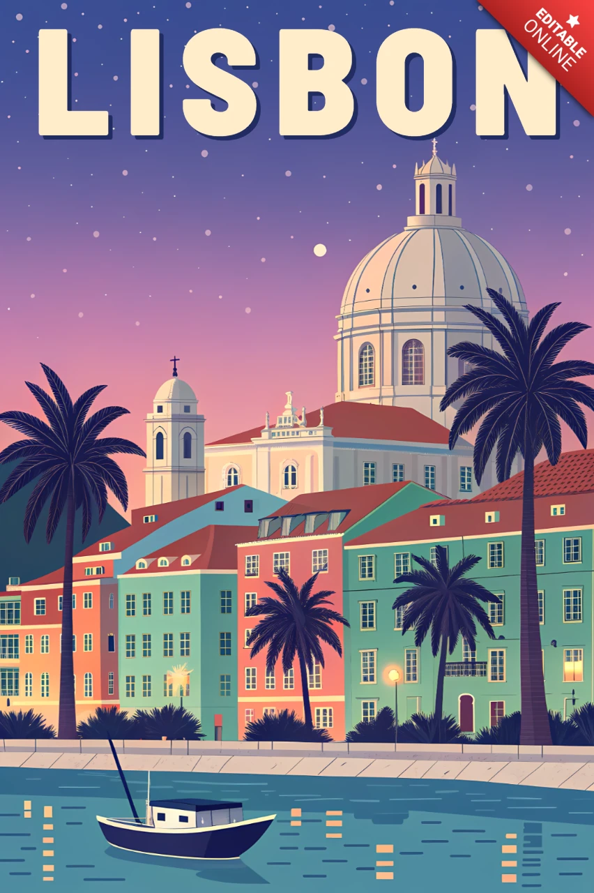 Lissabon Vintage-Poster-Design-Vorlage mit buntem Stadtbild und Palmen