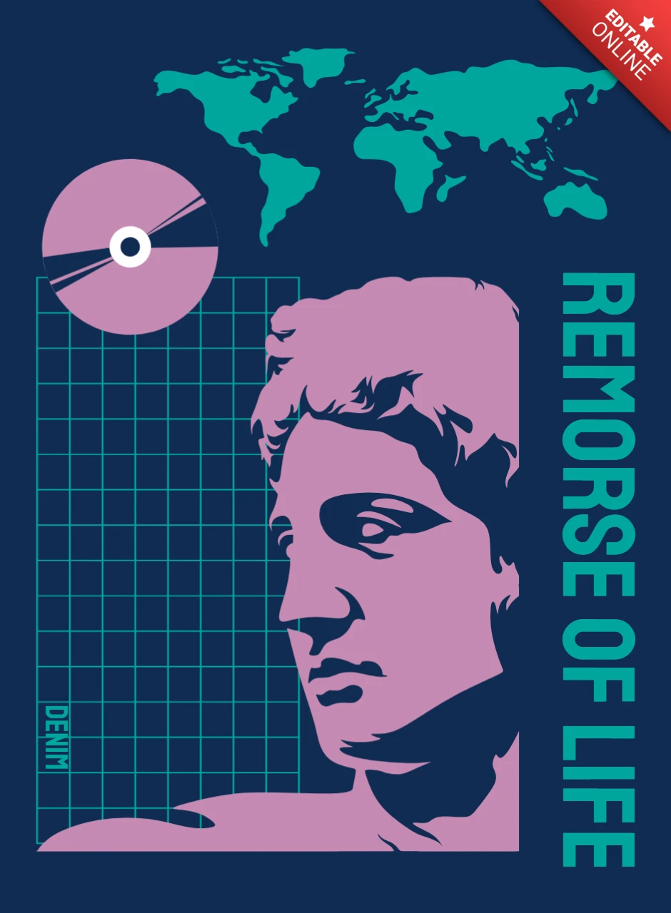 Modello di design grafico retro con statua classica e mappa del mondo per abbigliamento