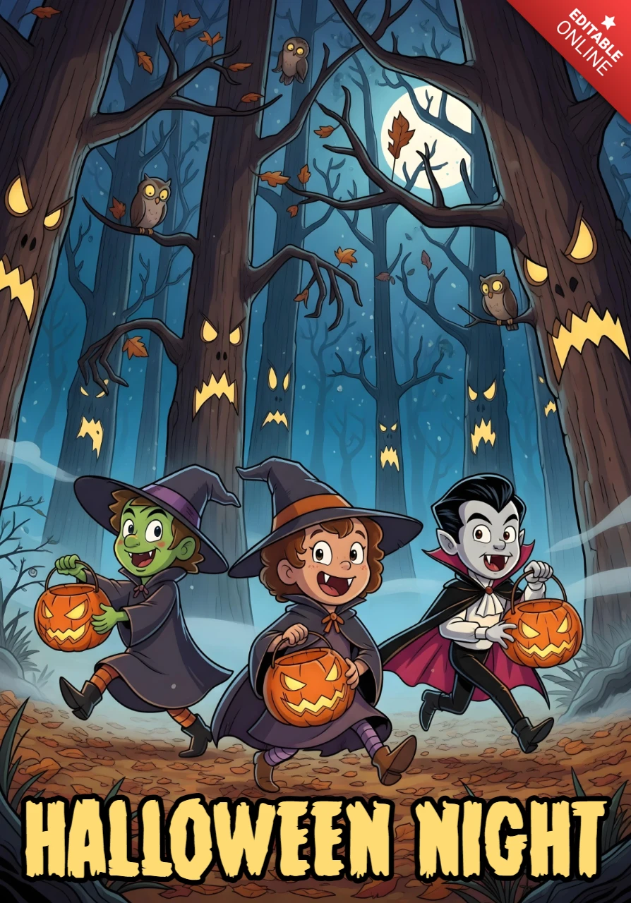 Spooky Halloween Forest Scene with Witch, Vampire & Glowing Jack-o'-Lantern Trees Design Template for Festive Flyers