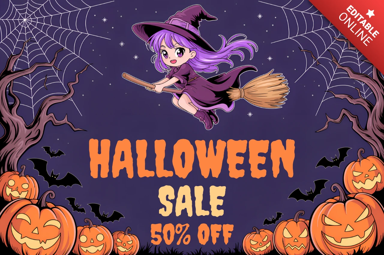 Plantilla de venta de Halloween caprichosa con bruja y calabazas para volantes promocionales