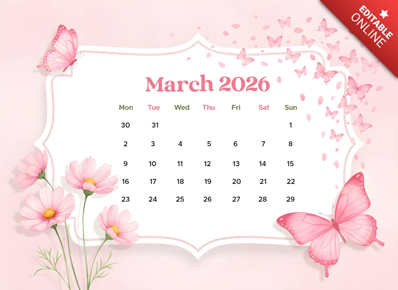 Affiche de calendrier imprimable de mars 2026 avec un cadre floral décoratif et un fond rose doux.
