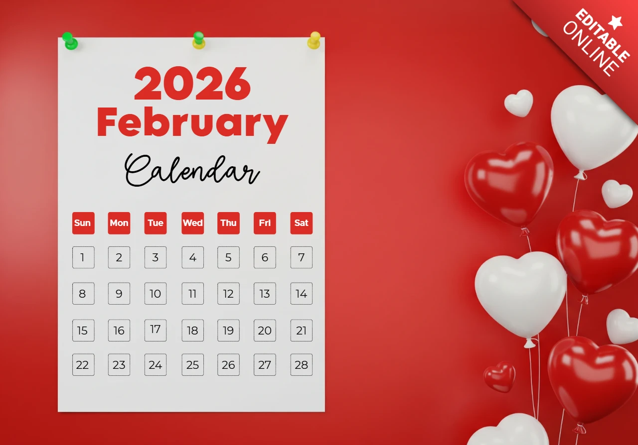 Calendario decorativo de febrero de 2026 con fondo rojo, globos en forma de corazón y esquinas sujetas.