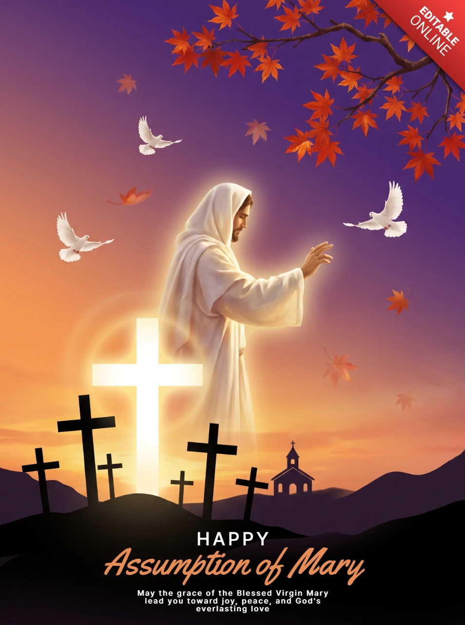 Feast of Assumption Marian Poster Virgin Mary Ascending White Robe Glowing Cross Sacred Artwork Sunset Church