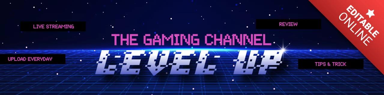 Banner de temática gaming con plantilla de diseño azul neón y morado brillante