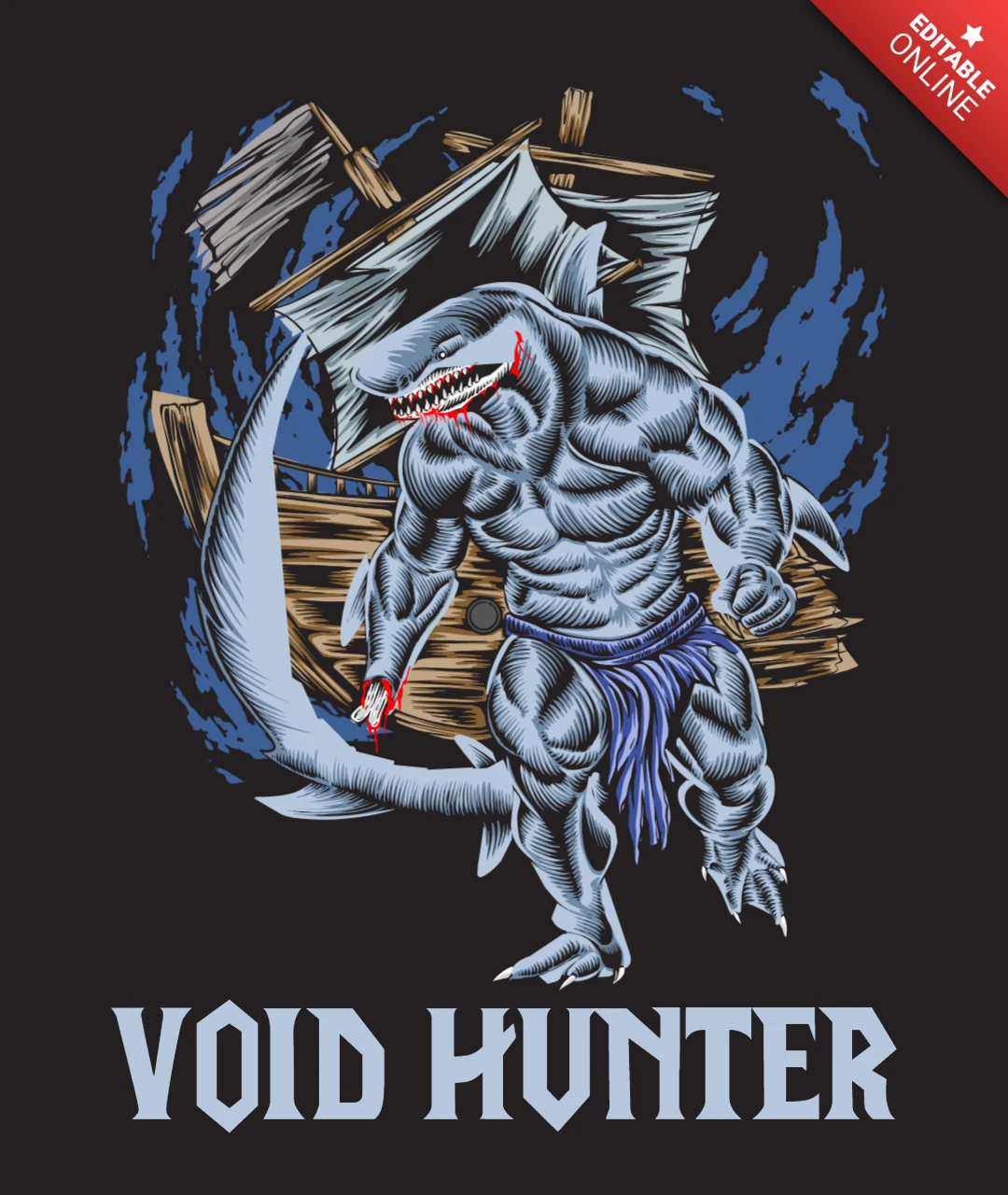 Leerenjäger, wilder Hai, Kriegerkunst für Fantasy-Straßenbekleidungs-T-Shirt-Design-Vorlage