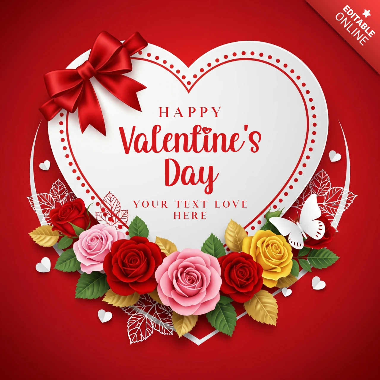 Tarjeta de felicitación de San Valentín que celebra el amor con rosas rojas, rosas y amarillas y un centro decorativo en forma de corazón.