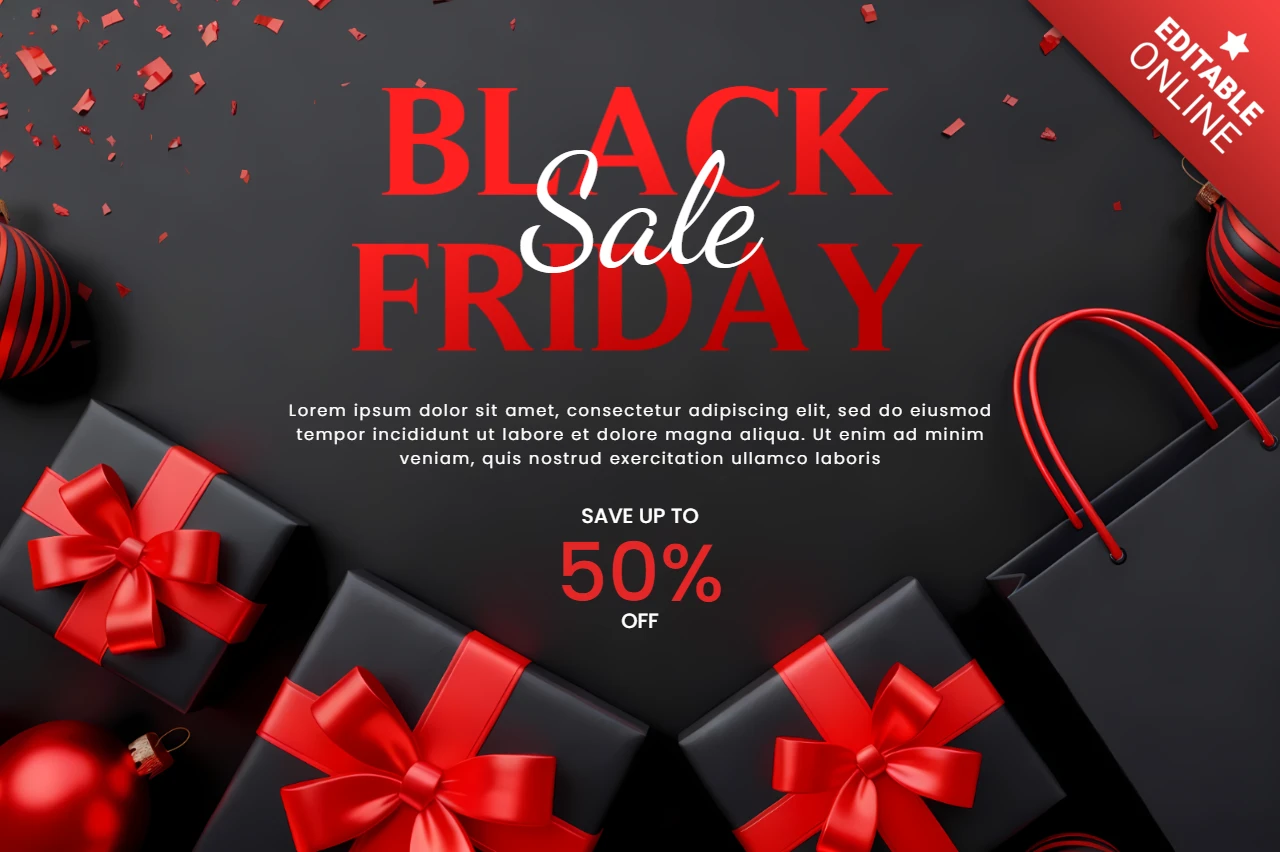 Modelo de design de venda da Black Friday com caixas de presente e acentos vermelhos para folhetos promocionais.