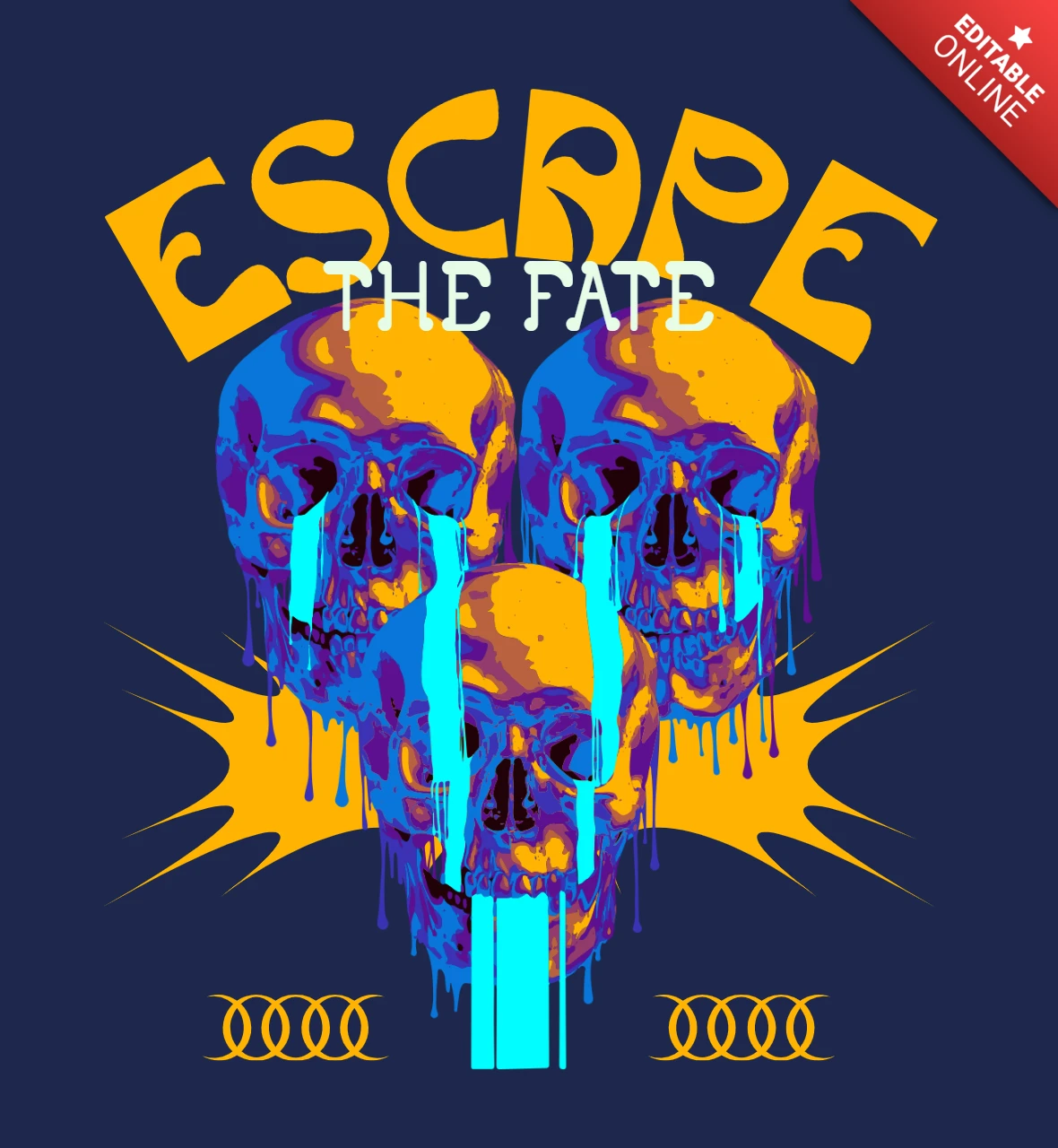 Escape o destino gráfico de três crânios com lágrimas azuis e modelo de design de camiseta com explosão de estrelas.