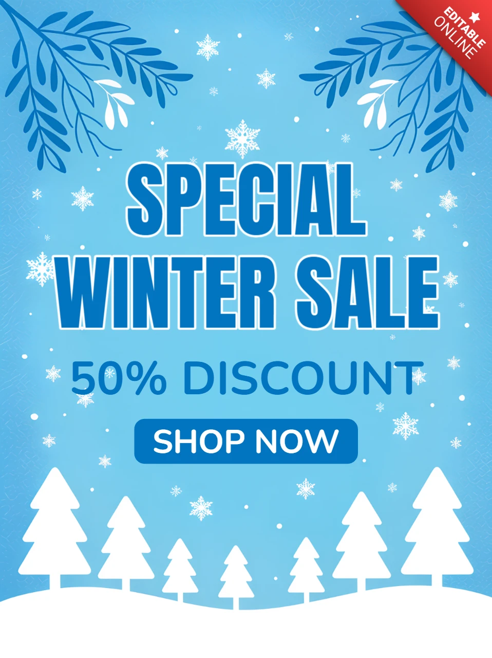 Wintersaison Verkaufs-Promotion-Vorlage mit Schneeflocken und Tannenbaum-Design für Flyer