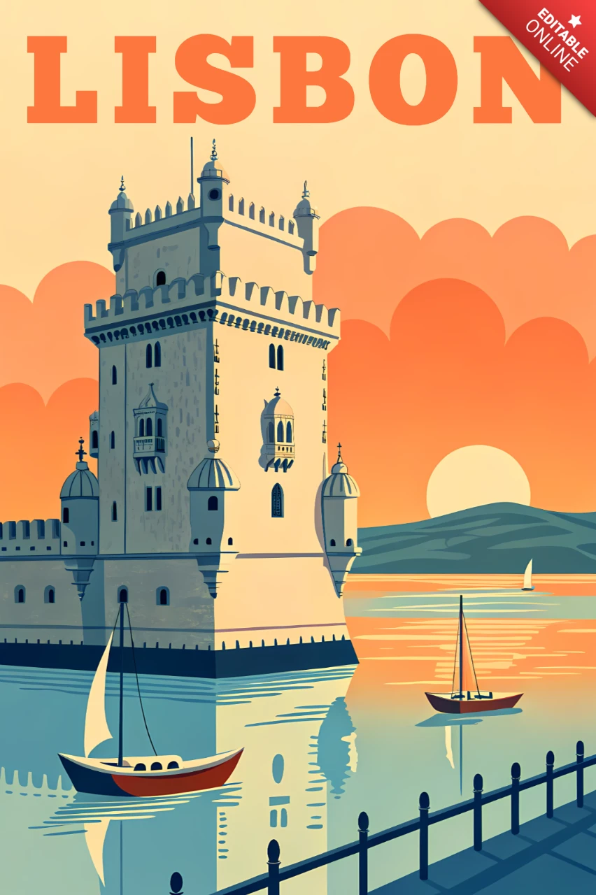 Lisbon Vintage Poster Design Template with Tower and Sailing Boats