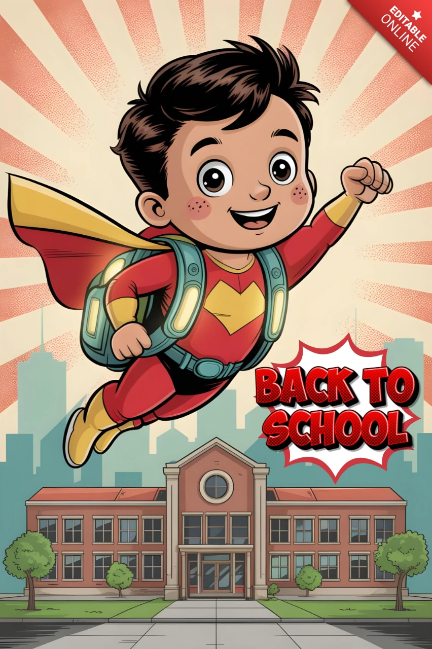 Zurück zur Schule Superheld Schüler fliegt über die Schule mit rotem Umhang und Comic-Explosion Plakatdesign-Vorlage