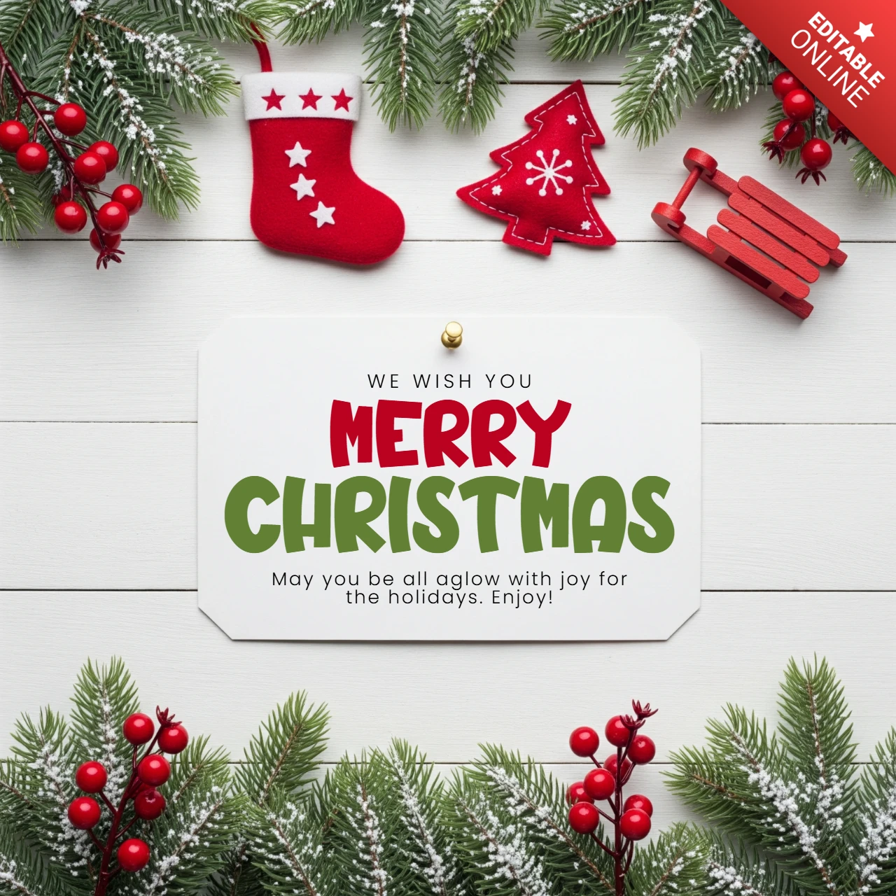 Christmas Card Design Decorative Garland with Pine Branches and Hanging Decor Surrounding Merry Christmas and Happiness Message Template