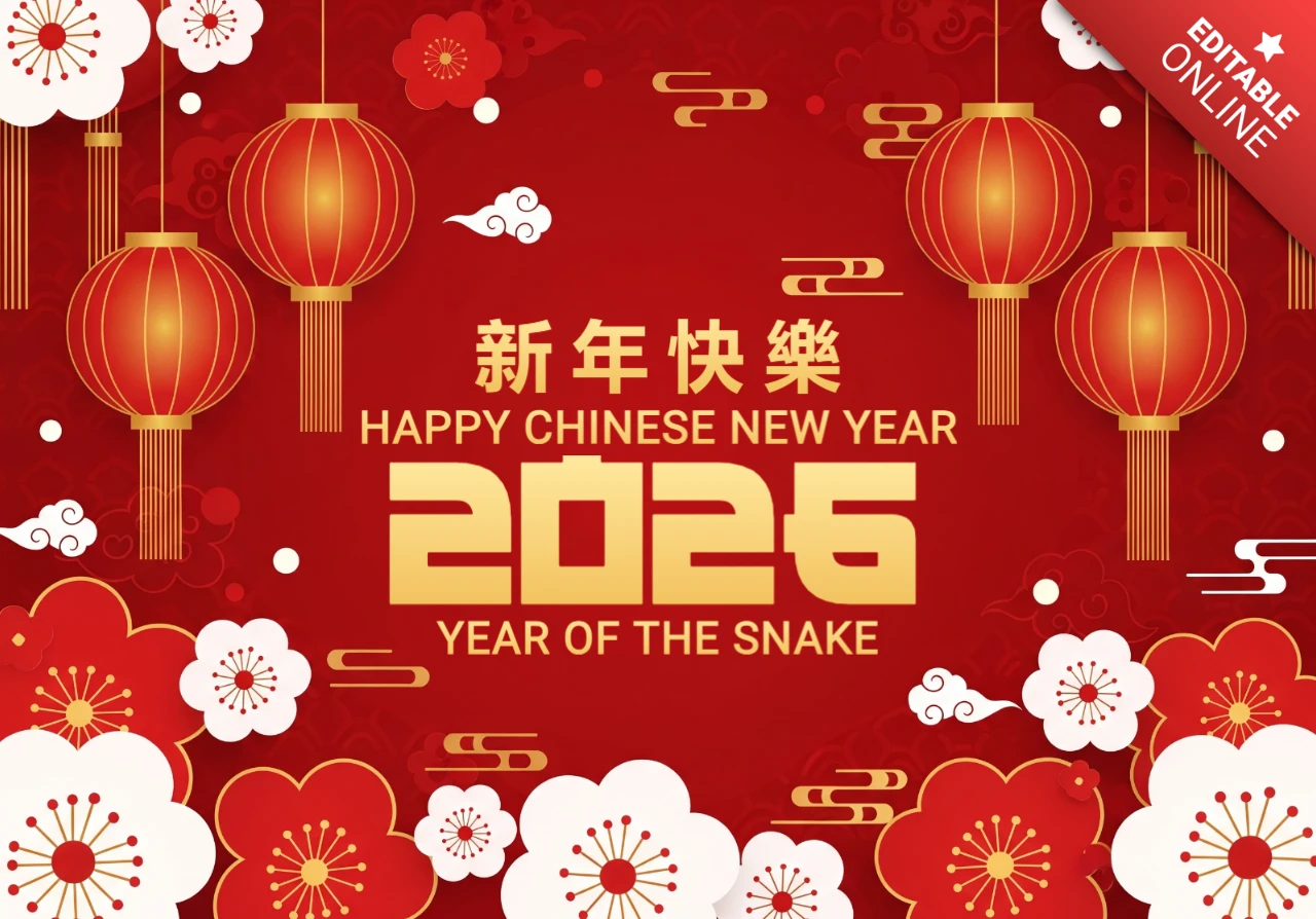 Pôster de saudação do Ano Novo Chinês 2026 com design festivo em vermelho e dourado, com flores, lanternas e acentos do ano da cobra.