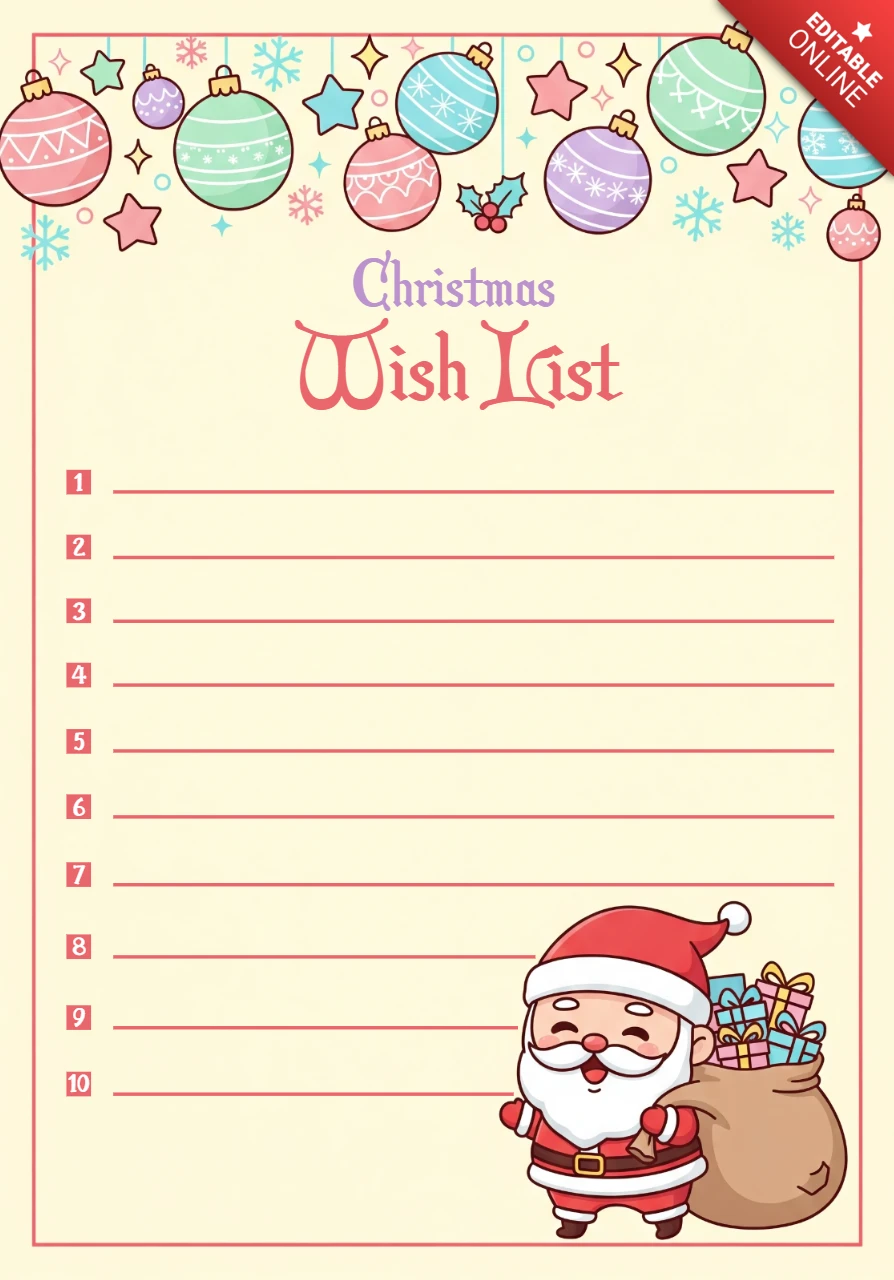 Urlaubs-Wunschliste-Vorlage Weihnachtsbriefpapier mit Santa, Sternen und fröhlichen saisonalen Dekorationen