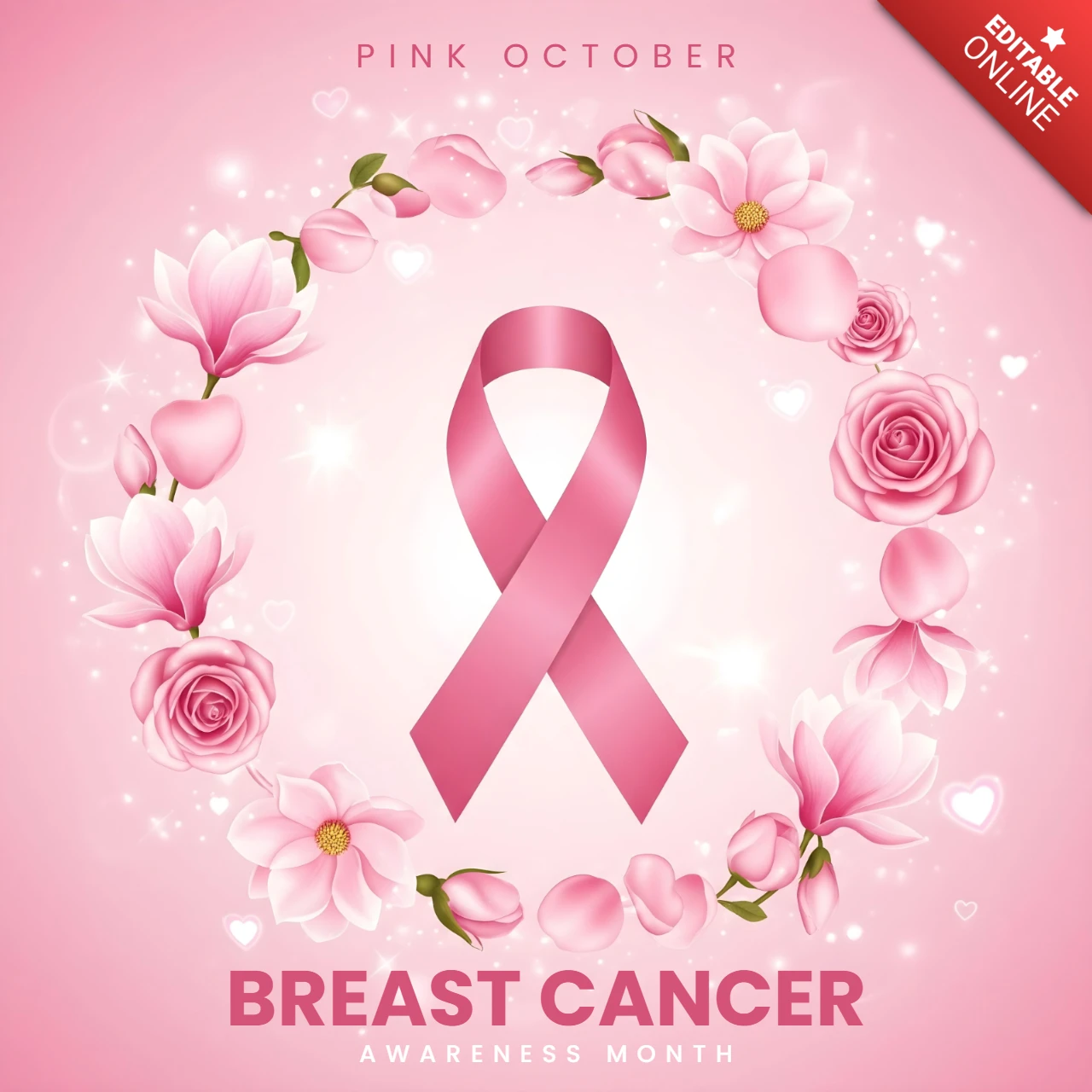 Pink October Breast Cancer Awareness Pink Ribbon with Magnolias, Roses & Hearts Banner Design Template