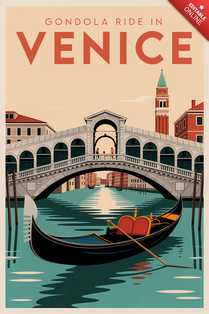 Venedig Gondelfahrt unter der Rialtobrücke Retro-Designvorlage für Reiseposter