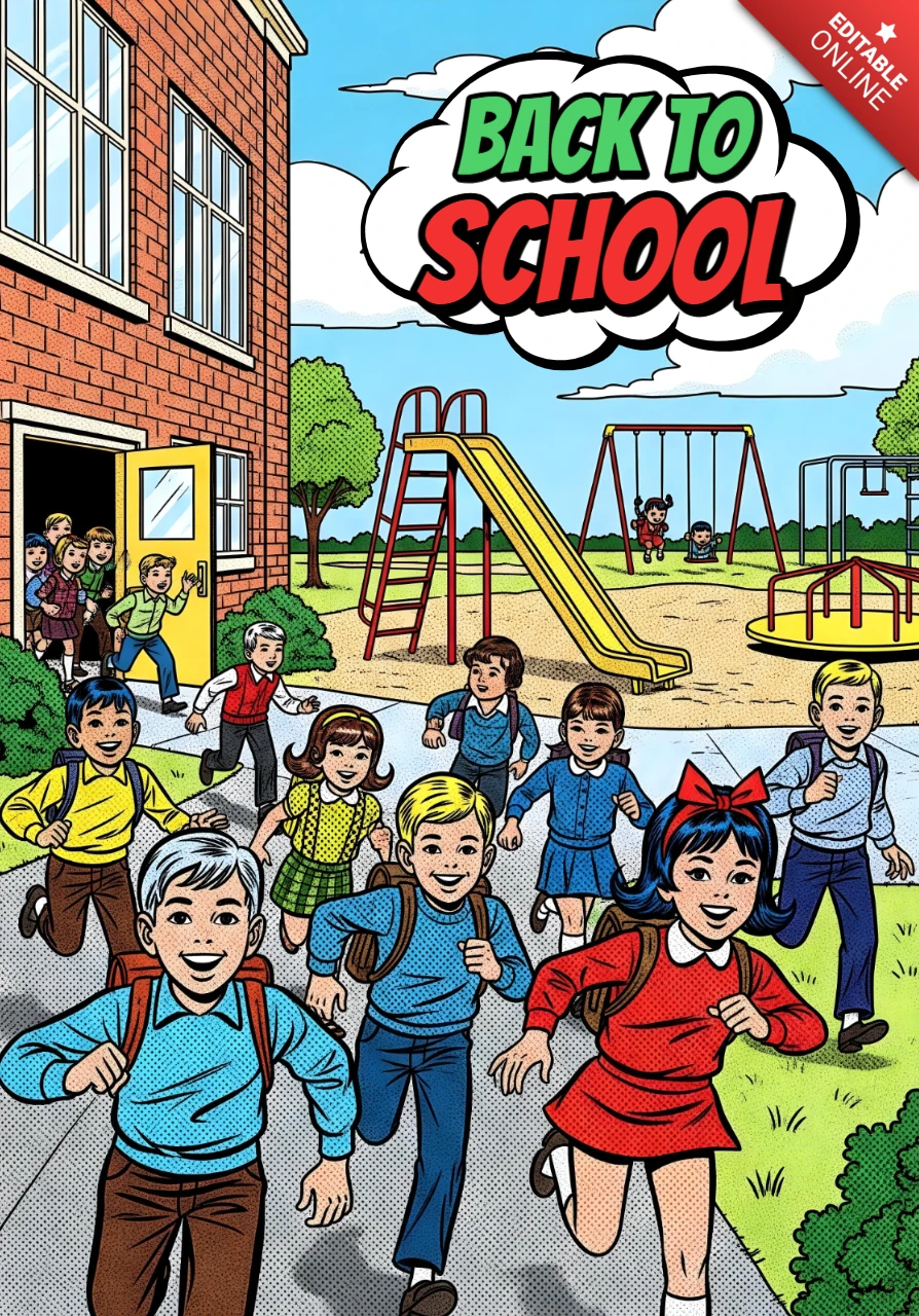 Estudiantes volviendo a la escuela corriendo hacia el patio de recreo con texto de nube cómica y plantilla de diseño de cartel de edificio escolar.