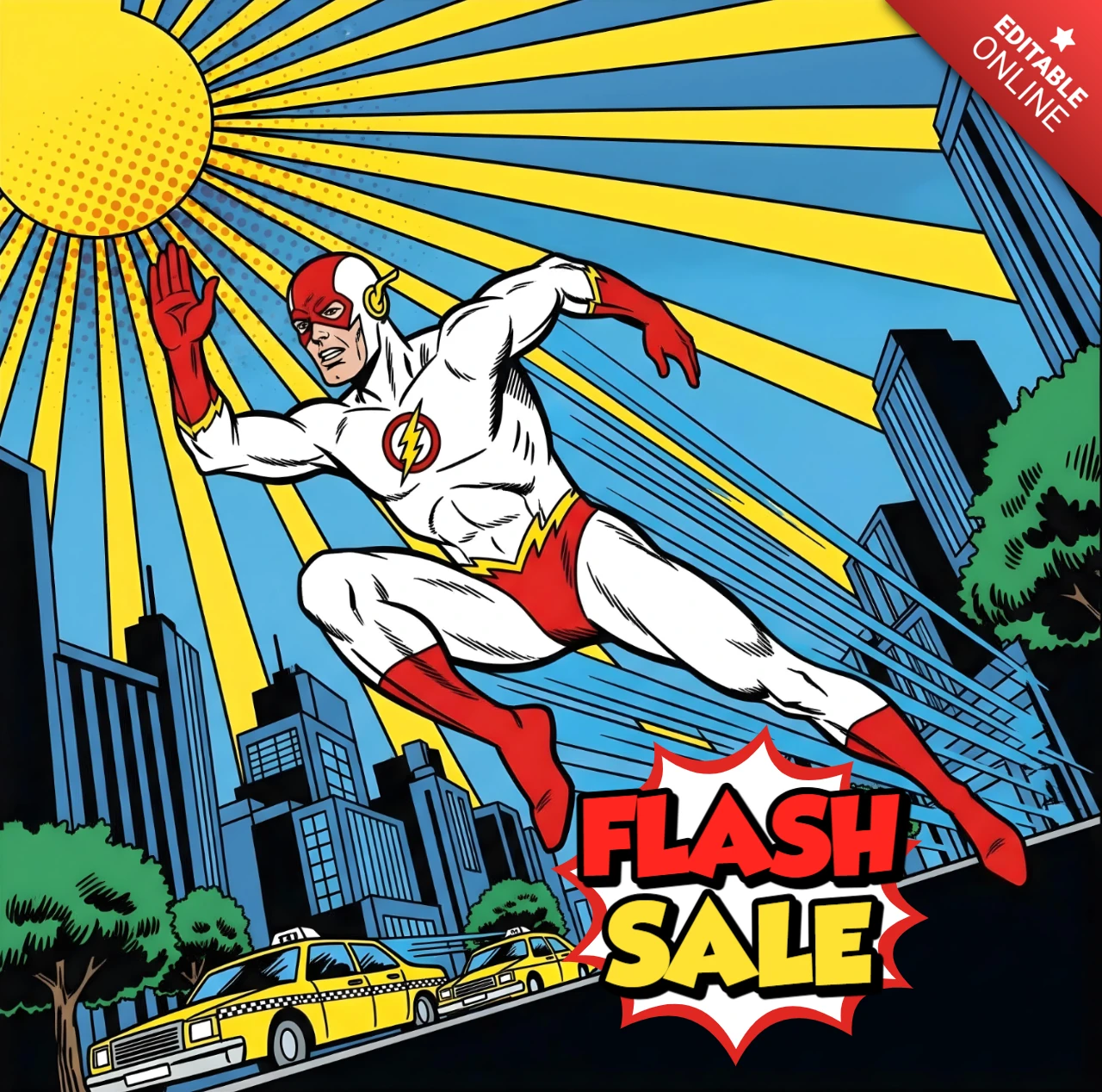 Arte de venta relámpago en estilo cómic de héroe de ciudad con traje de relámpago y diseño de estallido urbano para volantes promocionales.